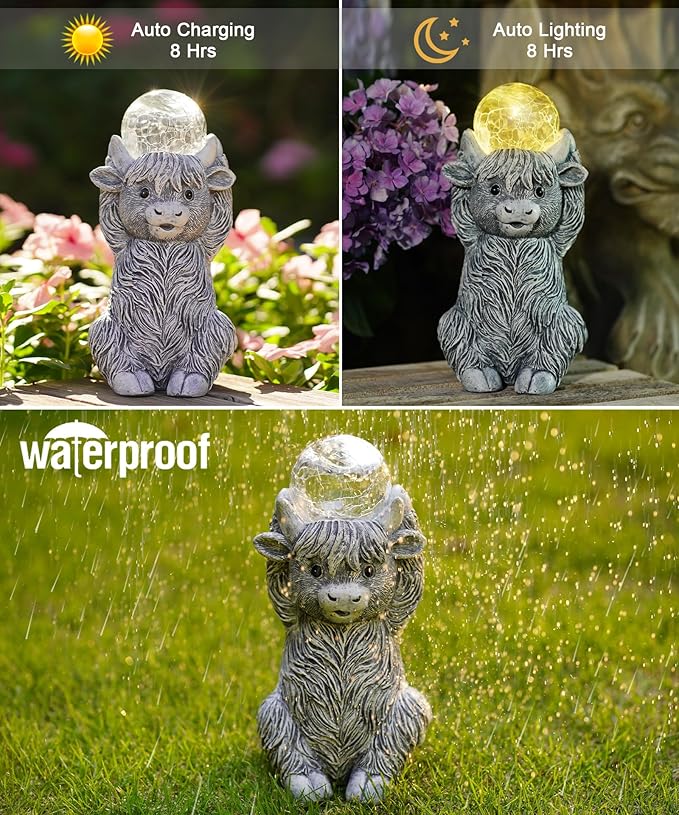 Nacome Solar Highland Cow Garden Decor - Outdoor Statues with Bubble Ball Balcony Lown Patio Porch Sculptures Front Yard Art for Outside - Birthday Gifts for Mom Grandma Women(Grey)