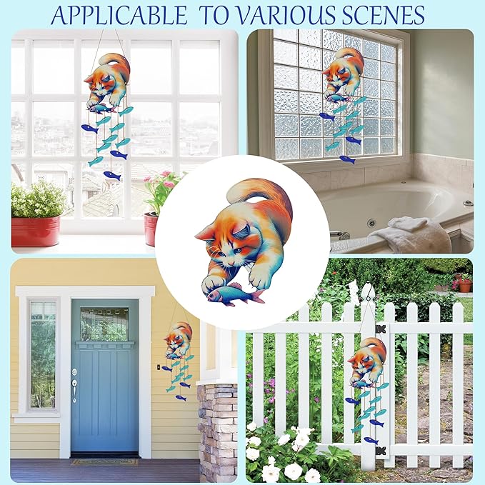 Cute Kitten Fish Wind Chimes for Outside, Handcrafted Windchimes Outdoors Unique,Suncatchers Sea Glass Art Windchimes Outdoors, Patio Beach Hanging Outdoor Home Garden Decor, Memorial Gifts for Women