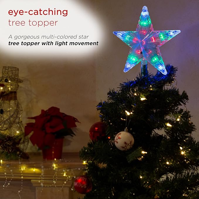 Alpine Corporation 8" H Flashing 5-Point Star Tree Topper with 31 Multi-Colored LED Lights, Christmas Decoration