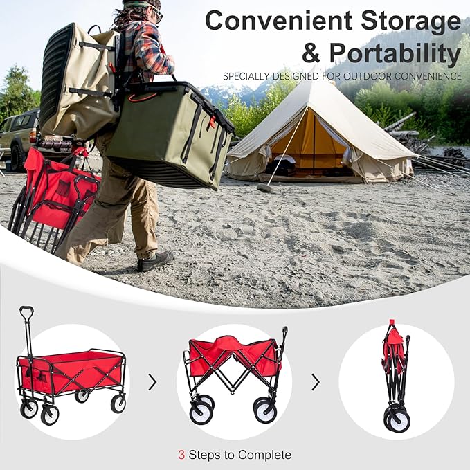 PayLessHere | Collapsible Wagon Cart with Wheels | Red | Heavy Duty Foldable Utility Cart with 330 lb Capacity | with All-Terrain Wheels & Adjustable Handle for Outdoor, Garden, Beach, Shopping