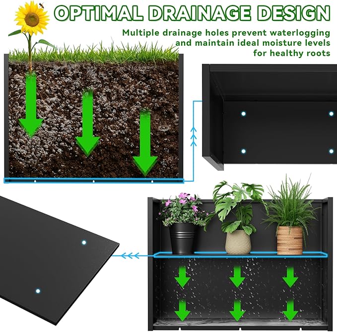 Metal Planter, 30L x 10W x 24H, Heavy Duty Tall Planters for Outdoor Plants, Black Planters with Removable Insert Shelf, Large Planters with Drainage Holes for Porch, Patio and Yard, Black