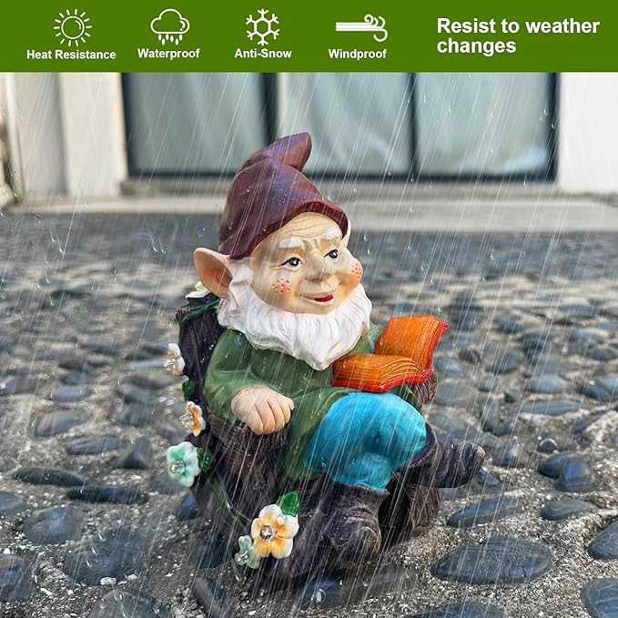 Solar Garden Gnome Statues Outdoor, Fairy Christmas Rocking Chair Gnomes Reading Book Succulents Figurines Lights Yard Art Sculpture Home Decor for Outside Patio Balcony Lawn, Unique Loved One Gifts