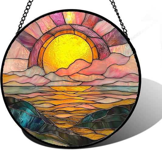Stained Glass Window Hanging, Sunrise Over The Sea Suncatcher Diamond Glass Panel Hangings Abstract Sun Catchers Decor for Birthday for Women, Men, Wife, Aunt, and Mom 7.8 in