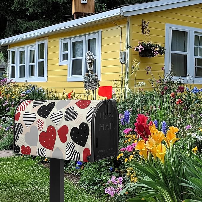 Valentines Day Magnetic Mailbox Covers Standard Size 18 X 21 Black Red Heart Mailbox Post Box Letter Box Cover for Welcome Outdoor Garden Yard Decoration
