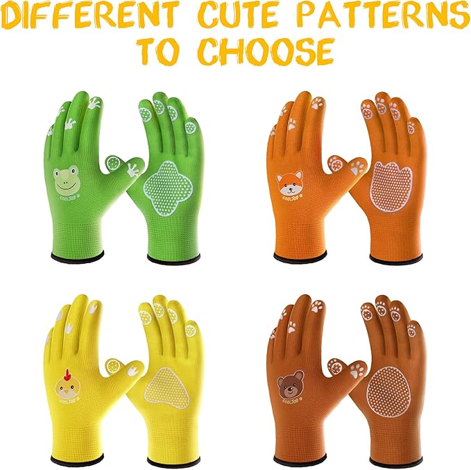 COOLJOB Breathable Toddler Work Gloves for Gardening Boy Girl Ages 2-4 Small, Nylon Kids Garden Gloves with Grip, Children Yard Gloves for Digging Weeding Landscaping, Green & Orange, 2 Pairs