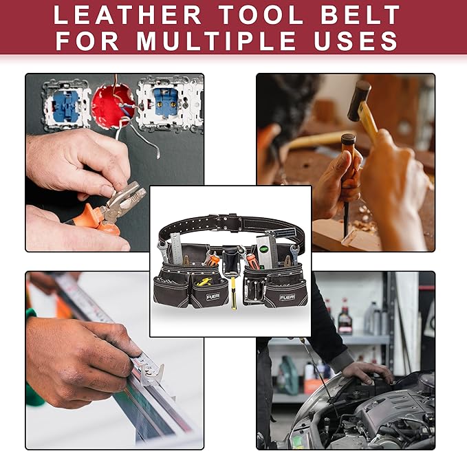 FUERI Leather Tool Belt with Dual Hammer Holster Tool Pouches Heavy Duty For Men Construction Carpenters Electricians Framers Ironworkers Garden Women