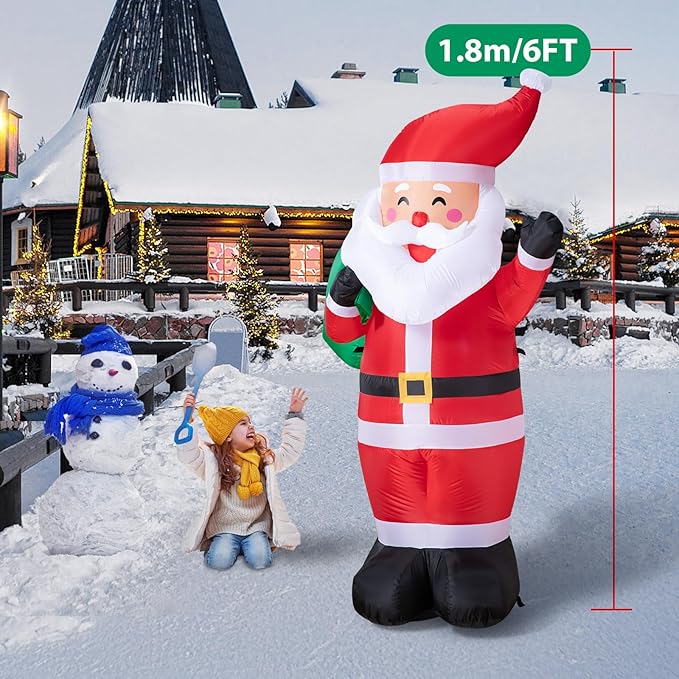 6FT Christmas Inflatable Santa Outdoor Decoration, Blow up Santa Claus Carrying Gift Sack Yard Decoration, Large Inflatable Santa Decor for Xmas Holiday Garden Lawn Patio