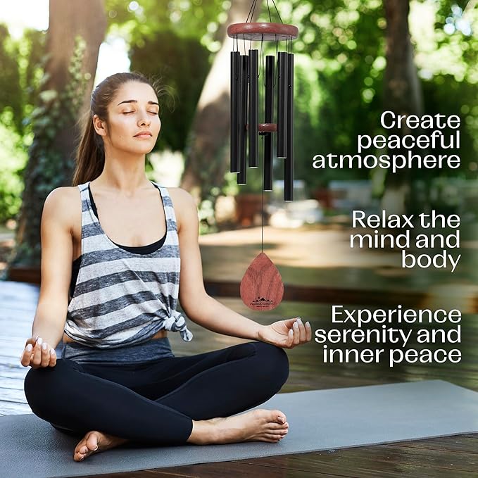 UpBlend Wind Chimes for Outside Gift – Deep Tone Wind Chime with Decorative Stone – Porch & Patio Decor, Elegant Outdoor Ornament, Garden Gifts. 28” Black.