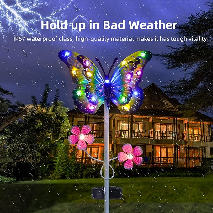 Outdoor Solar Garden Lights - 2 Pack Metal Butterfly Decorative Lights - Colorful LED Waterproof Stake Lights for Garden, Patio, Yard, Lawn, Walkway Decoration(Blue)