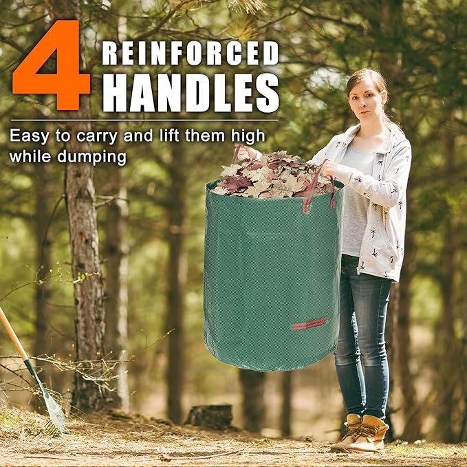 Joyhalo Reusable Yard Waste Bags, 132 Gallon Lawn And Leaf Bags 3 Pack, Heavy Duty Garden Bags With Gardening Gloves, Standable Garden Waste Bag With 4 Handles, Camping Yard Recycling Bag For Leaves