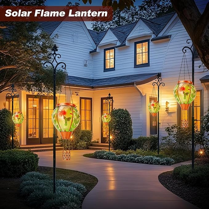 Solar Hot Air Balloon Lantern with Flame, Hummingbird Outdoor Solar Lanterns for Outside Garden Yard Farmhouse Patio Pathway Decoration, Hummingbird Gifts for Women Grandma Mom（2Pack