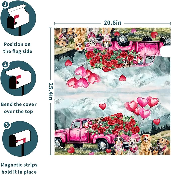 Happy Valentines Day Mailbox Cover Magnetic Valentine Truck Dog Flowers Mailbox Wrap Post Cover Large Size 25.5x21 Inch for Garden Yard Outdoor Outside Patio Wedding Holiday Decor