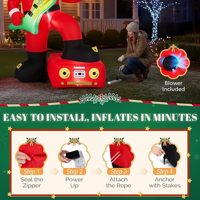 VINGLI 7.5ft Black Musical Santa Inflatable, Christmas Inflatable Santa Claus Playing Guitar, Gaint Blow up Outdoor Decoration with LED Lights for Lawn, Garden, Xmas Holiday Decor