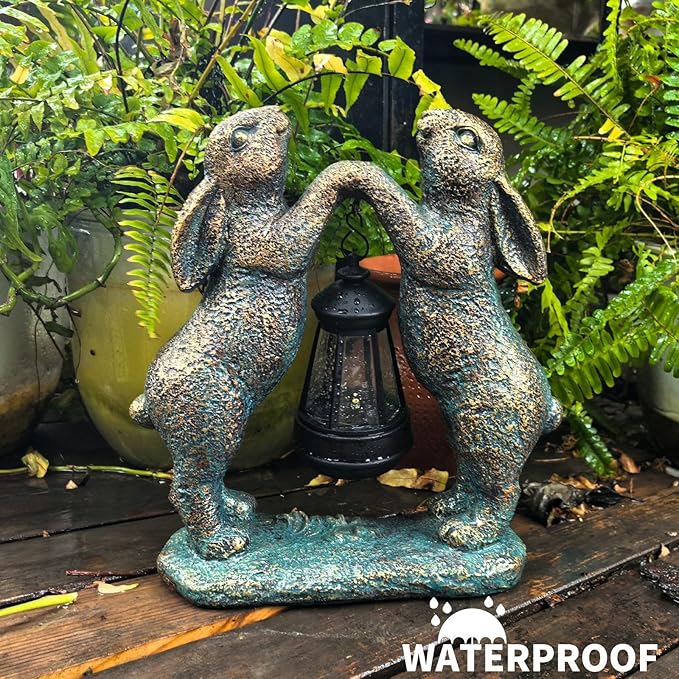 Garden Statues Rabbit with Solar Lantern, Outdoor Bunny Figurines Decorations for Patio Yard Lawn Ornaments, Gifts for Mom/Grandma Birthday Easter Housewarming