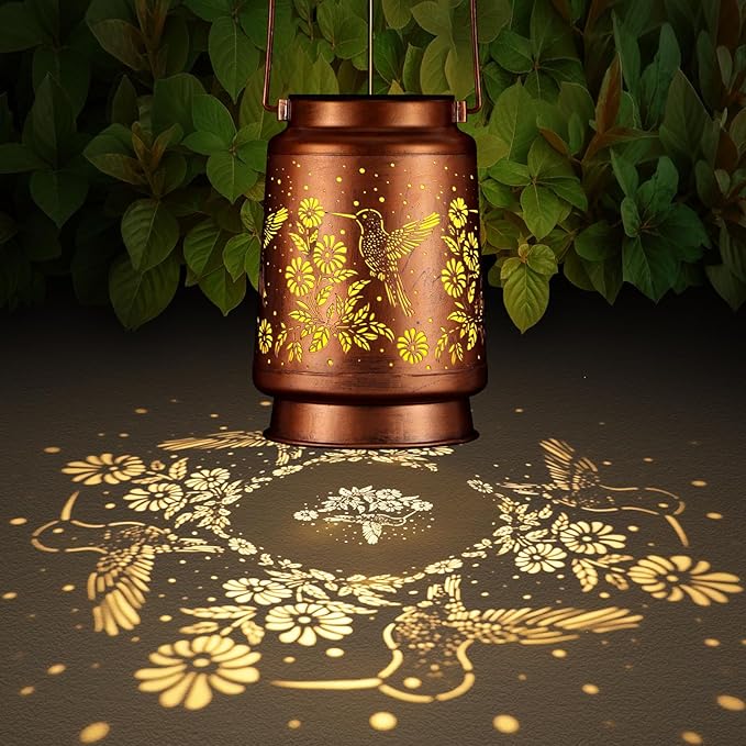 Solar Lantern Outdoor Hanging Waterproof Outside Metal Openwork Hummingbird Pattern Birthday Gifts for Women Mom Landscape Lights for Porch Garden Yard Patio Pathway Decor(Great Hummingbird)
