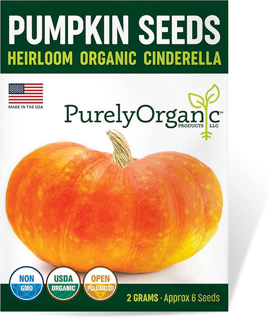 Purely Organic Pumpkin Seeds (Cinderella) - Approx 6 Seeds - Certified Organic, Non-GMO, Open Pollinated, Heirloom, USA Origin
