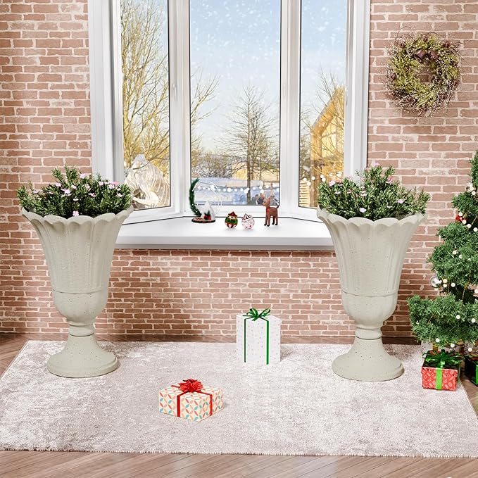 23.6" Tall Plastic Urn Planters for Outdoor Plants, Set of 2 Heavy-Duty Classic Indoor Large Flower Pots with Drainage Holes & Petal Design, Outdoor Planters for Porch, Home Garden, White
