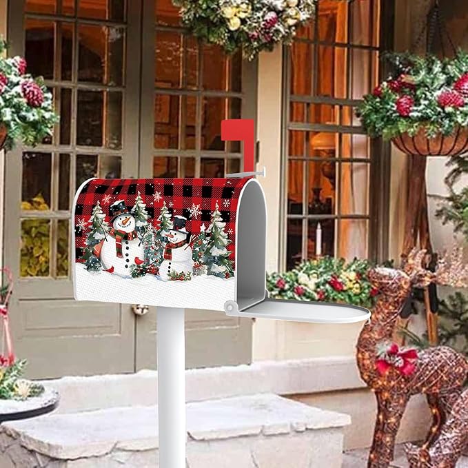Christmas Snowman Mailbox Cover Magnetic Standard Size 20.5" x 18", Xmas Tree Buffalo Plaid Cardinal Decorative Post Letter Box Wrap Decor, Winter Holiday Garden Yard Outdoor Decoration