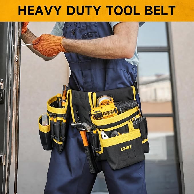 Tool Belt,Magnetic Tool Pouch,27-Pockets Heavy Duty Padded Tool Belts for Men,Detachable & Adjustable Tool Pouch Bag for Electrician,Carpenter,Construction,Work Apron,Utility Belt,Black,Yellow