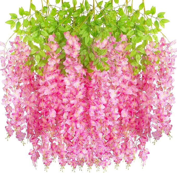 12 Pack Artificial Flowers Silk Wisteria Vine Ratta Hanging Flower (Deep Pink)