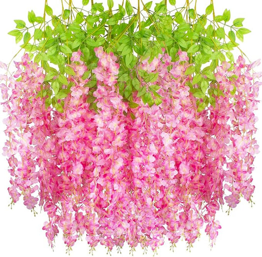 12 Pack Artificial Flowers Silk Wisteria Vine Ratta Hanging Flower (Deep Pink)