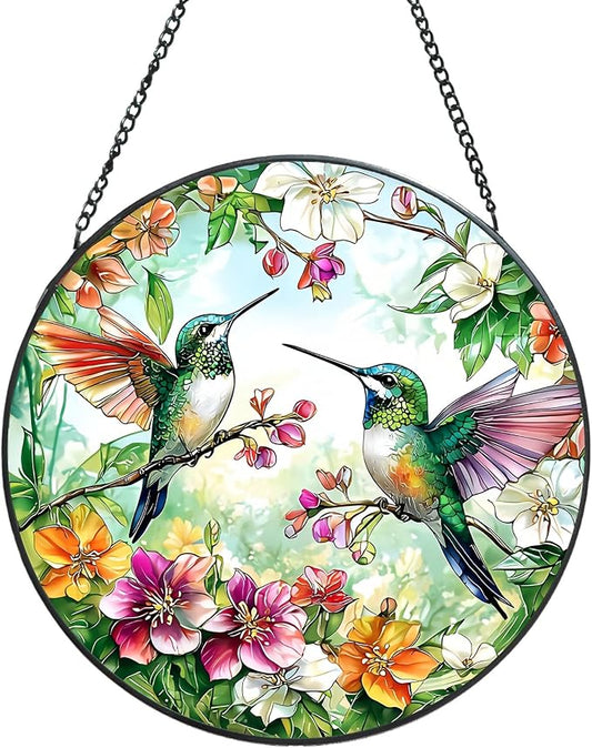 Suncatcher Stained Glass Window Hanging - Hummingbird Glass Panel with Metal Chain and Hooks Handmade Sun Catcher Decoration for Window Garden Home Christmas & Birthday Gifts (8 Inch)