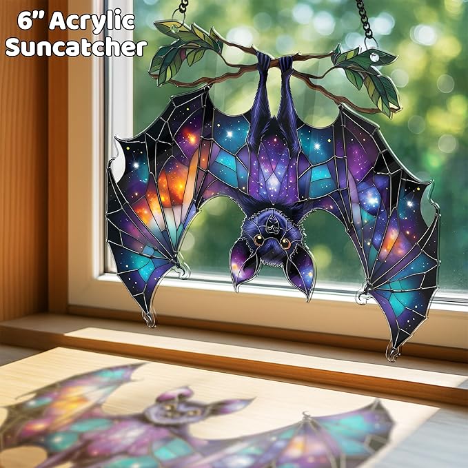 2 Halloween Decorations Bat Raven Acrylic Suncatchers, Window Hanging Bat Gothic Decor, Spooky Raven Halloween Ornament Gifts, Idea Gifts Holiday Keepsake, Scary Home Indoor Outdoor Display SS344