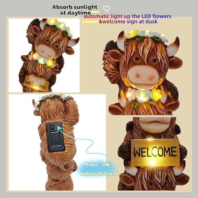 Solar Outdoor Figurine Lights Gnome Garden Decor Statue with LED Lantern, Glowing Fairy Yard Decorations for Outside Patio Yard Front Porch, Housewarming Home Decor Gifts Thanksgiving (Brown Cows)