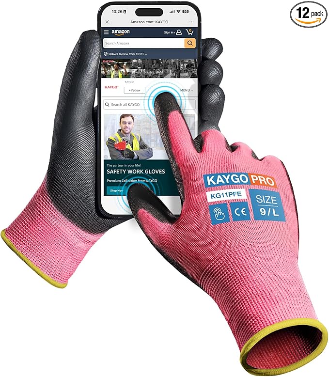 KAYGO Safety Work Gloves PU Coated for Men and Women- KG11PB,12 Pairs,Seamless Knit Glove with Two Fingers Touchscreen,Ideal for General Duty Work (L,Pink)
