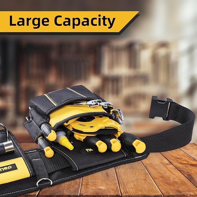 DELI 22 Pocket Black and Yellow Heavy Duty Tool Belt for Man, Construction Tool Belt, Work Apron, Tool Pouch, with Poly Web Belt Quick Release Buckle Adjustable Max Up to 50"