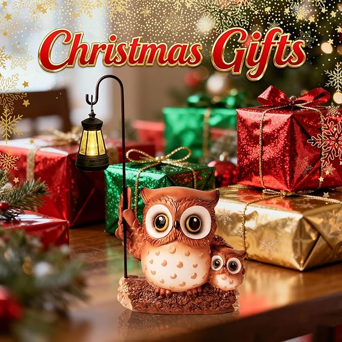 Garden Statues Owl with Solar LED Lantern, Resin Solar Garden Decor for Outside, Yard Decorations Outdoor for Patio, Porch, Balcony, Lawn Ornaments, House Warming Birthday Gifts for Mom Women Grandma