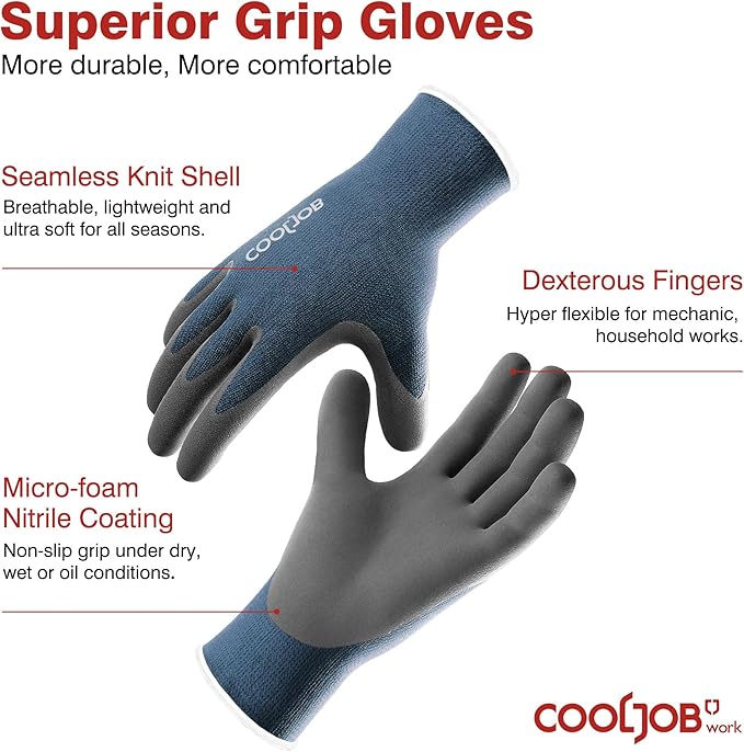 COOLJOB Micro-Foam Nitrile Safety Work Garden Gloves with Touchscreen Fingers, 6 Pairs Lightweight Working for Men’s Sweaty Hands, Non-slip Coated Grip Fits Most Tasks, Medium, Blue & Black