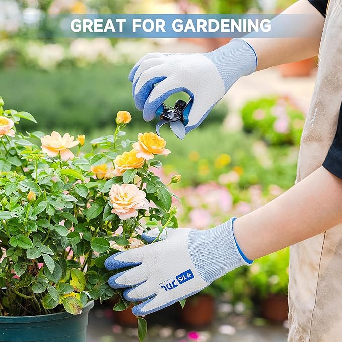 JDL Gardening Gloves for Women, 2 Pairs Breathable Latex Coated Yard Garden Gloves, Rubber Outdoor Protective Work Gloves with Grip, Blue, Medium Size