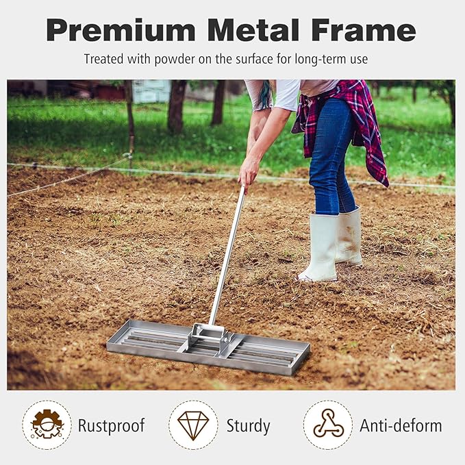30" x 10" Lawn Leveling Rake, Heavy Duty Landscape Rake with 67" Handle, Non-Slip Grip & Flat Head, Space-Saving Lawn Level Tool for Garden, Backyard, Golf Course & Sports Field(Silver)