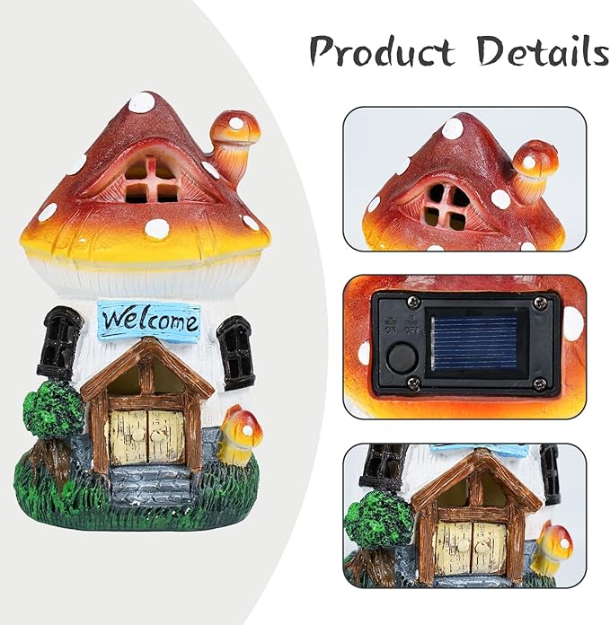 Garden Outdoor Figurines Statue with Solar Lights,Solar Mushroom House Decorations for Yard Outdoor Garden, Patio Yard Lawn, Gifts for Girls Birthday Housewarming Mother's Day (Mushroom House)