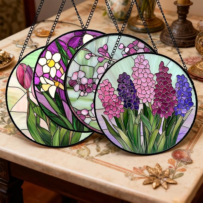 Stained Glass Window Hanging 4 Pcs Set Tulips Plum Flower Daffodils Hyacinths 9.8" - Suncatcher Door Garden Sun Catcher Decor Birthday Mother's Day for Mom Woman Nana