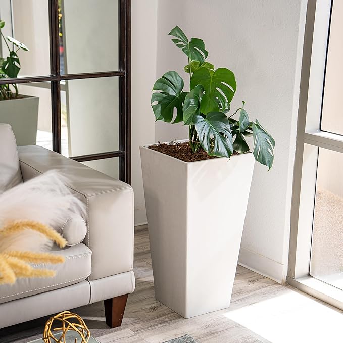 XBrand Modern 30-Inch Tall Square Planter, Tapered, Perfect for Indoor & Outdoor, Patio Decor, White