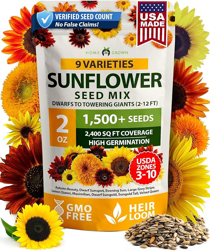 HOME GROWN Sunflower Seeds Mix Pack 1,500+ 9 Colorful Varieties of Sun Flower Seeds to Plant - 2-10ft Tall Plants, Pollinator Friendly – Easy to Grow, High Germination