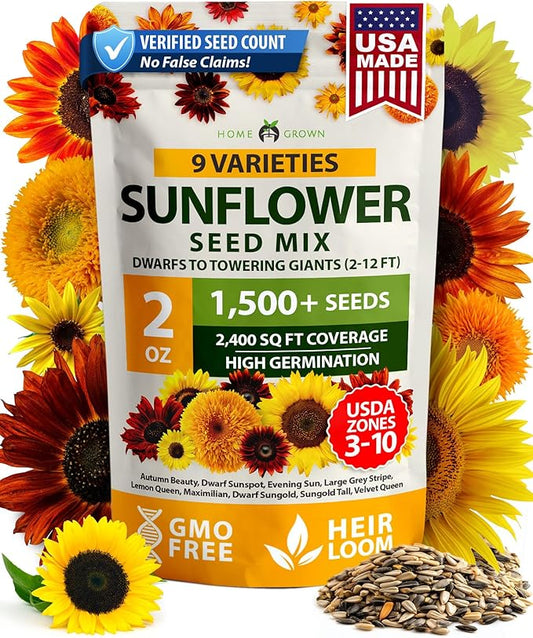HOME GROWN Sunflower Seeds Mix Pack 1,500+ 9 Colorful Varieties of Sun Flower Seeds to Plant - 2-10ft Tall Plants, Pollinator Friendly – Easy to Grow, High Germination