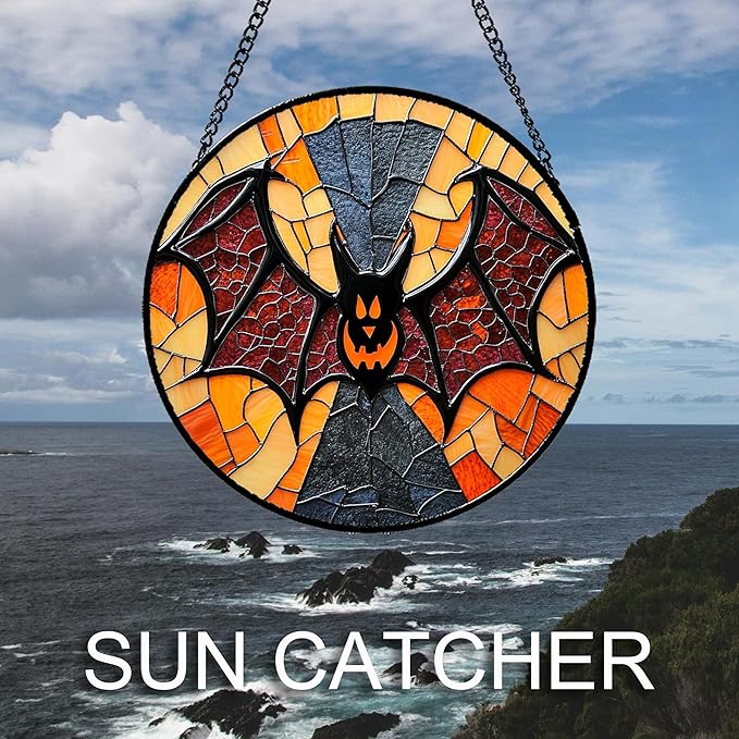 Stained Glass Window Hanging Halloween Horror Bat Monster 9.8" - Suncatcher Door Garden Kitchen Sun Catcher Home Gothic Decor Birthday for Mom Men Woman Friend Grandma