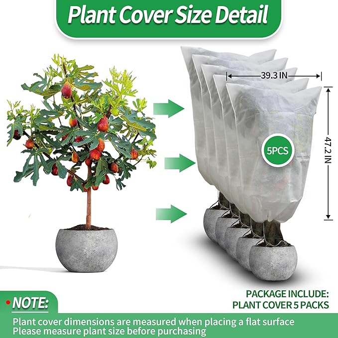 Avalution Plant Covers Freeze Protection, 5 Packs Frost Cloths for Outdoor Plants, 40" X47" Reusable Frost Blankets, 2.2oz Tree Cover Freeze Protection Drawstring Bags for Potted Shrub