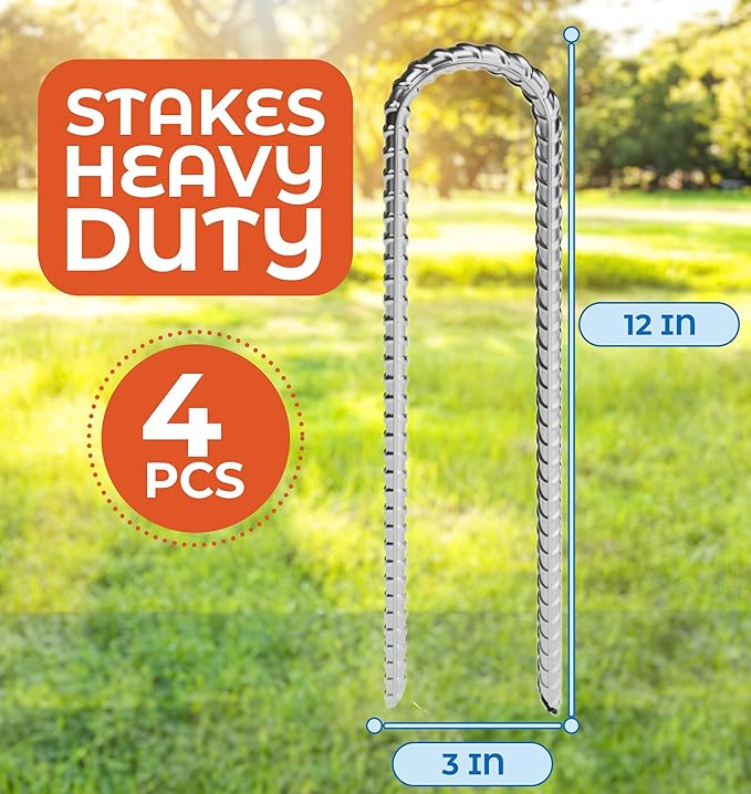 Happin® 12 Inch Heavy Duty Ground Anchors, Garden Stakes U Hook, Tent Stakes Heavy Duty, Chain Link Fence Anchors, Ground Anchors Screw in, Yard Stakes, Galvanized Steel, (4 Pack, Silver)