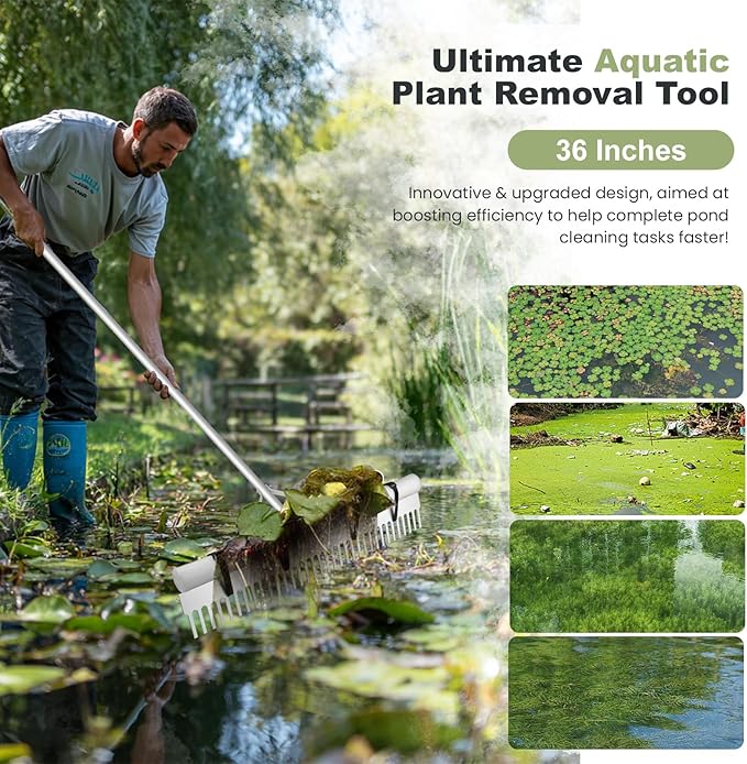 Landscape Rake, 36" Aluminum Heavy Duty Lake Weed Rake, Multifunctional Detachable Aquatic with 102'' Extension Handle & 20Ft Rope, for Weed Algae Removal Loosening Soil Lawn Garden Care