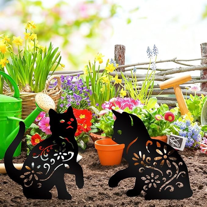 Metal Garden Stakes Decorative, Black Cat Silhouette Yard Decorations Outdoor Decor Patio Lawn Ornament Art for Women/Men/Cat Lovers Gifts
