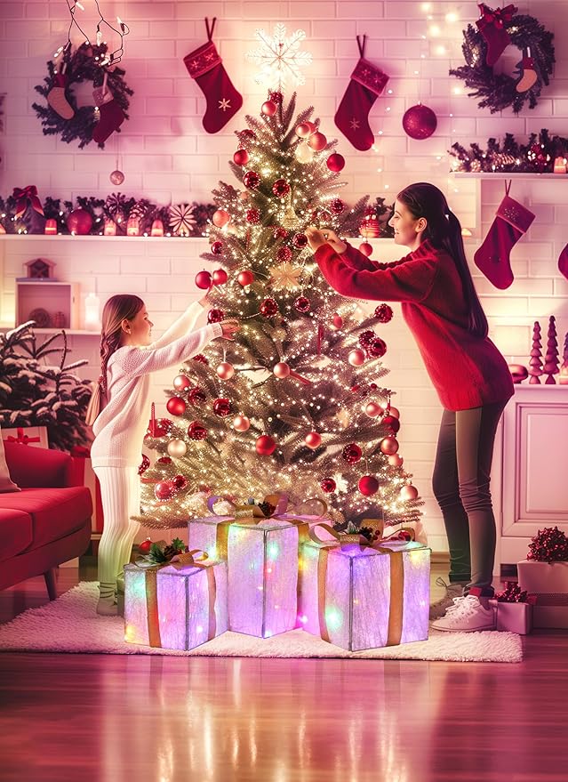 Set of 3 Christmas Decorations Lighted Gift Boxes with Bows，12" 10" 8" with 60 Pre-Lit Mini String Lights，Foldable LED Xmas Present Boxes for Tree Indoor Outdoor Holiday Party Yard Home Decor