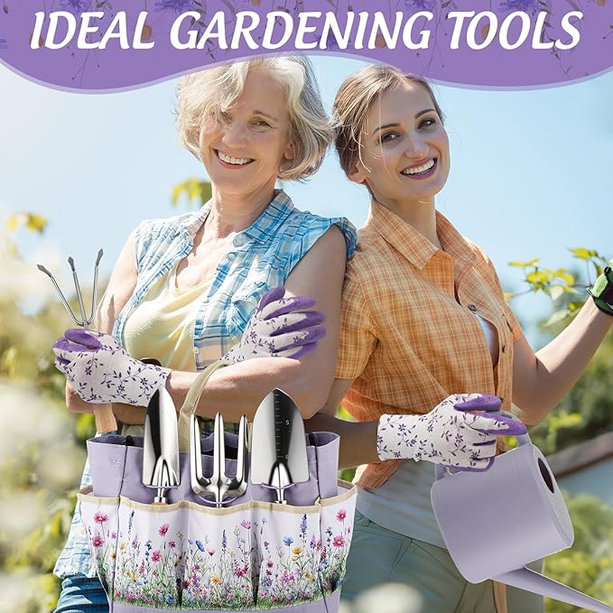 21 Piece Gardening Tools Set Heavy-Duty Gardening Gifts for Women Wife Grandma Garden Hand Tools with Purple Floral Tote Bag Water Can Garden Supplies Kit for Christmas White Elephant