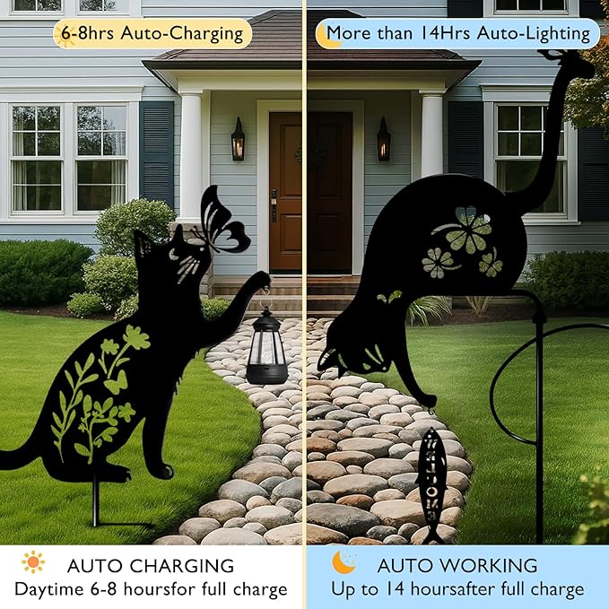 2Pack Cat Solar Lights Outdoor Garden, Black Cat Garden Decor, Black Cats Outdoor Decorations with Solar Lantern, Unique Gift for cat Lovers,Christmas Birthday Gifts for Women Mom and Grandma