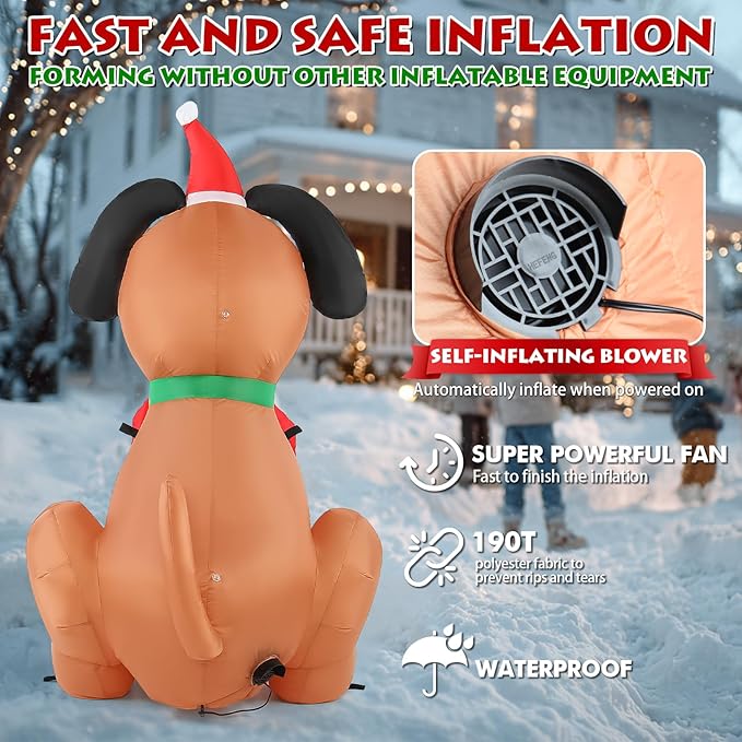 Christmas Inflatable Outdoor Decorations, 4FT Inflatables Dog Yard Decor with Hat & Sign, LED Lights Blow up Puppy Holiday Decorations for Indoor Outside Lawn Garden