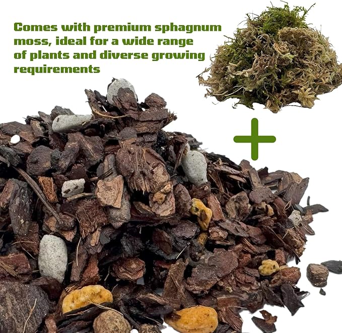 Organic Orchid Potting Mix, Mixture of Perlite, Pine Bark, Volcanic Rock, Coconut Coir, Pine Needle Soil, and 7 Other Components+Orchid Sphagnum Moss (3 QT)