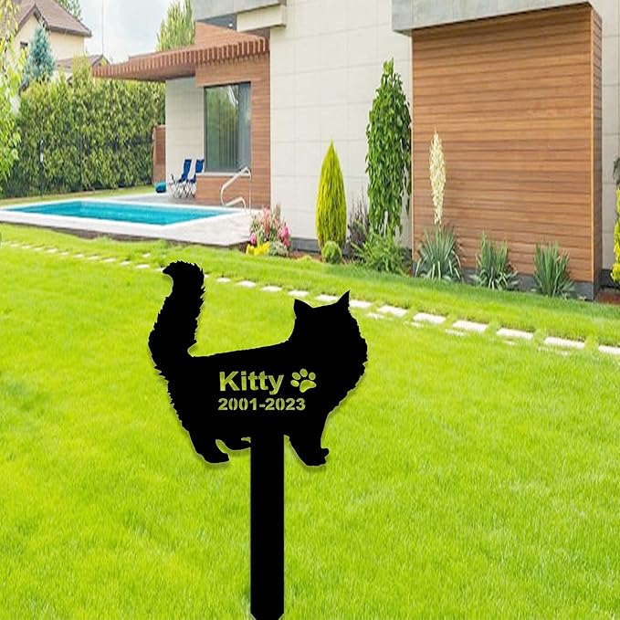 Custom Fluffy Cat Memorial Stake Sign - Metal Long Hair Grave Marker - Personalized Garden Decor - Pet in Heaven Remembrance Yard Stake - Sympathy Gift